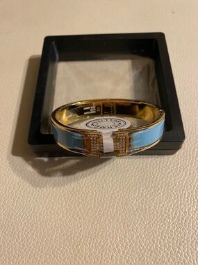 Rare Hermes Blue Enamel Diamond CZ Turn H Logo Clasp Gold Bangle Bracelet